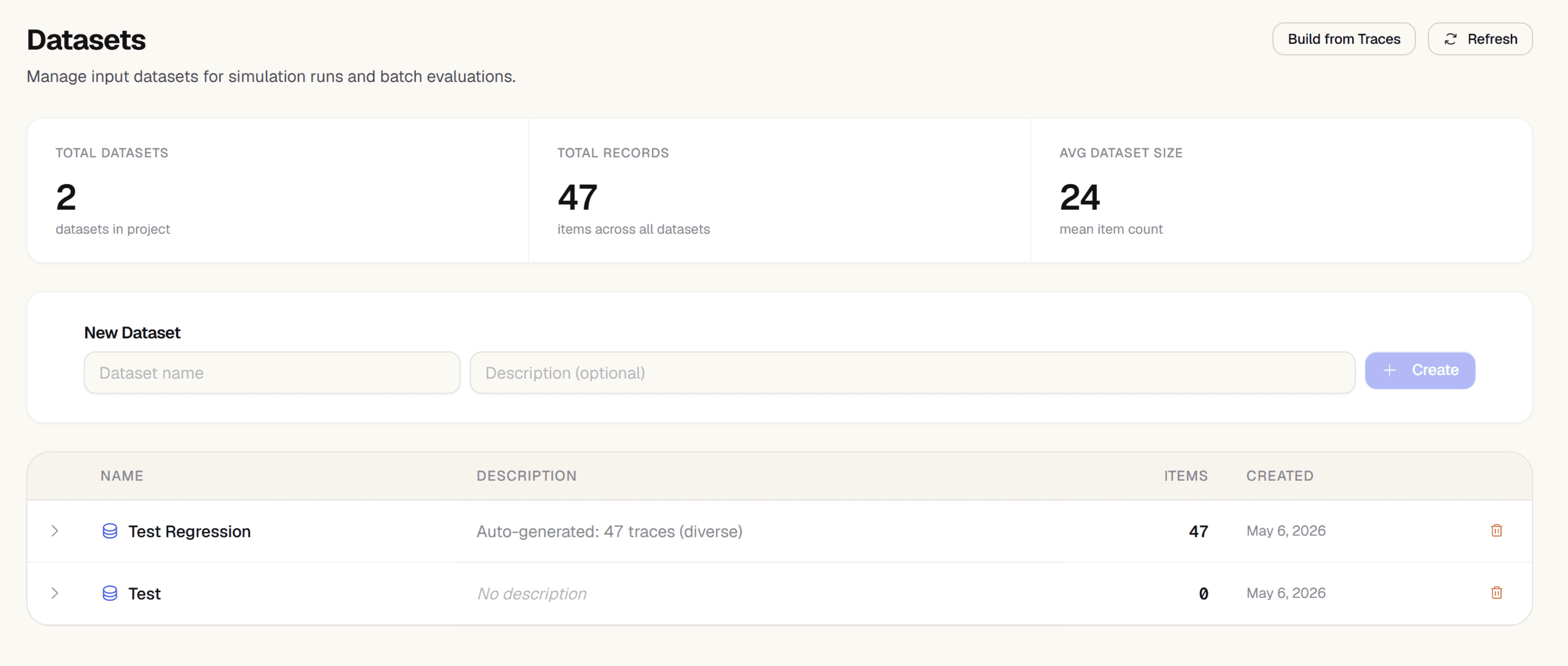 Zespan dataset view showing named datasets with item counts