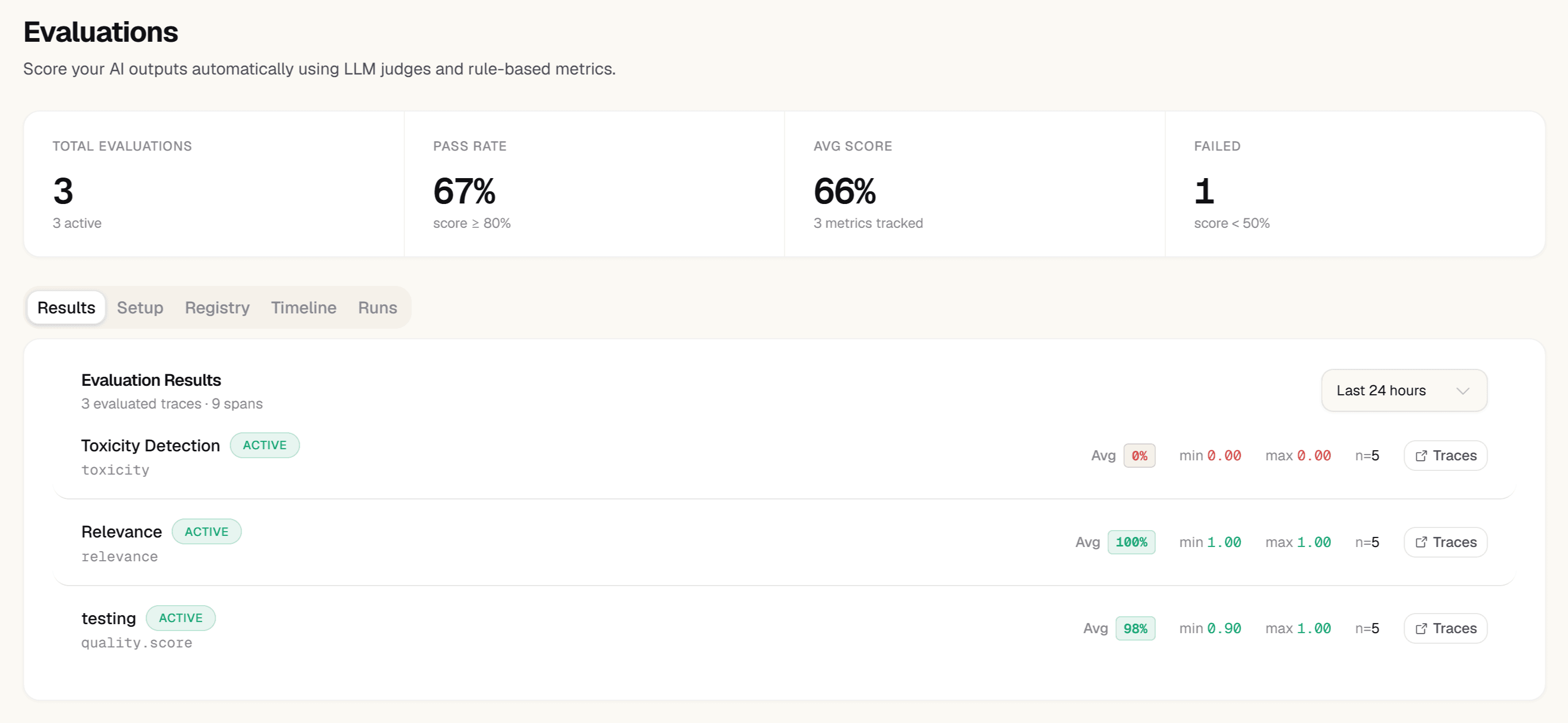 Zespan evaluation detail showing per-trace LLM judge score with reasoning