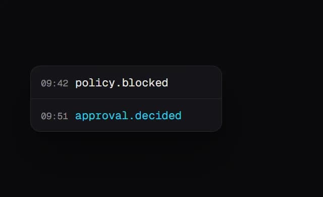 Three audit entries: policy.blocked, approval.decided and audit.recorded, each with a time.