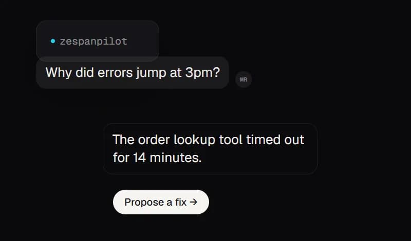 A chat with ZespanPilot: why did errors jump at 3pm? The order lookup tool timed out for 14 minutes. A button offers to propose a fix.