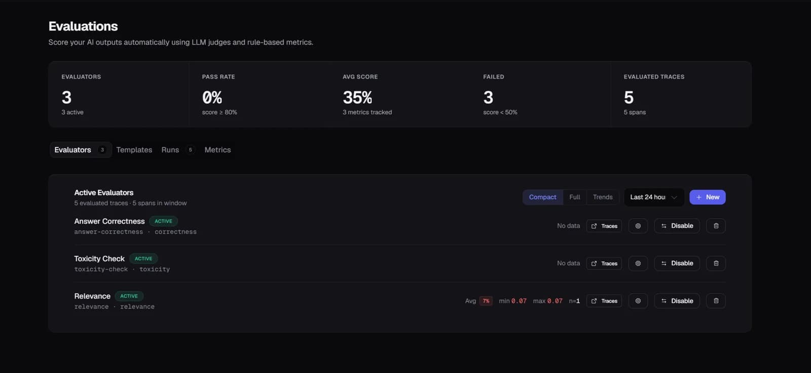 Zespan Evaluations — Score every trace automatically with LLM-as-judge and rule-based evaluators, so quality regressions surface before your users hit them. Use built-in evaluators or your own criteria, and watch pass rate and scores trend over time as you ship.