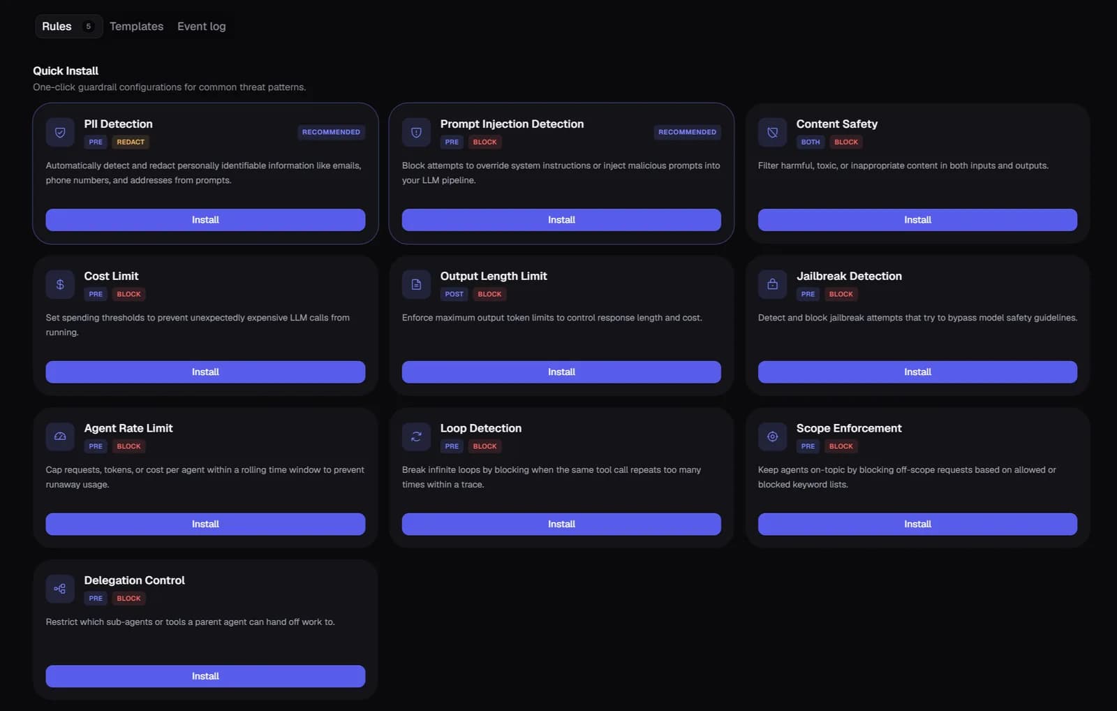 Zespan Guardrails — One-click protections run before and after every request to block PII leaks, prompt injection, jailbreaks, runaway loops, and out-of-budget calls. Nine quick-install threat patterns cover the common cases, each configurable to block or redact at the PRE or POST stage.