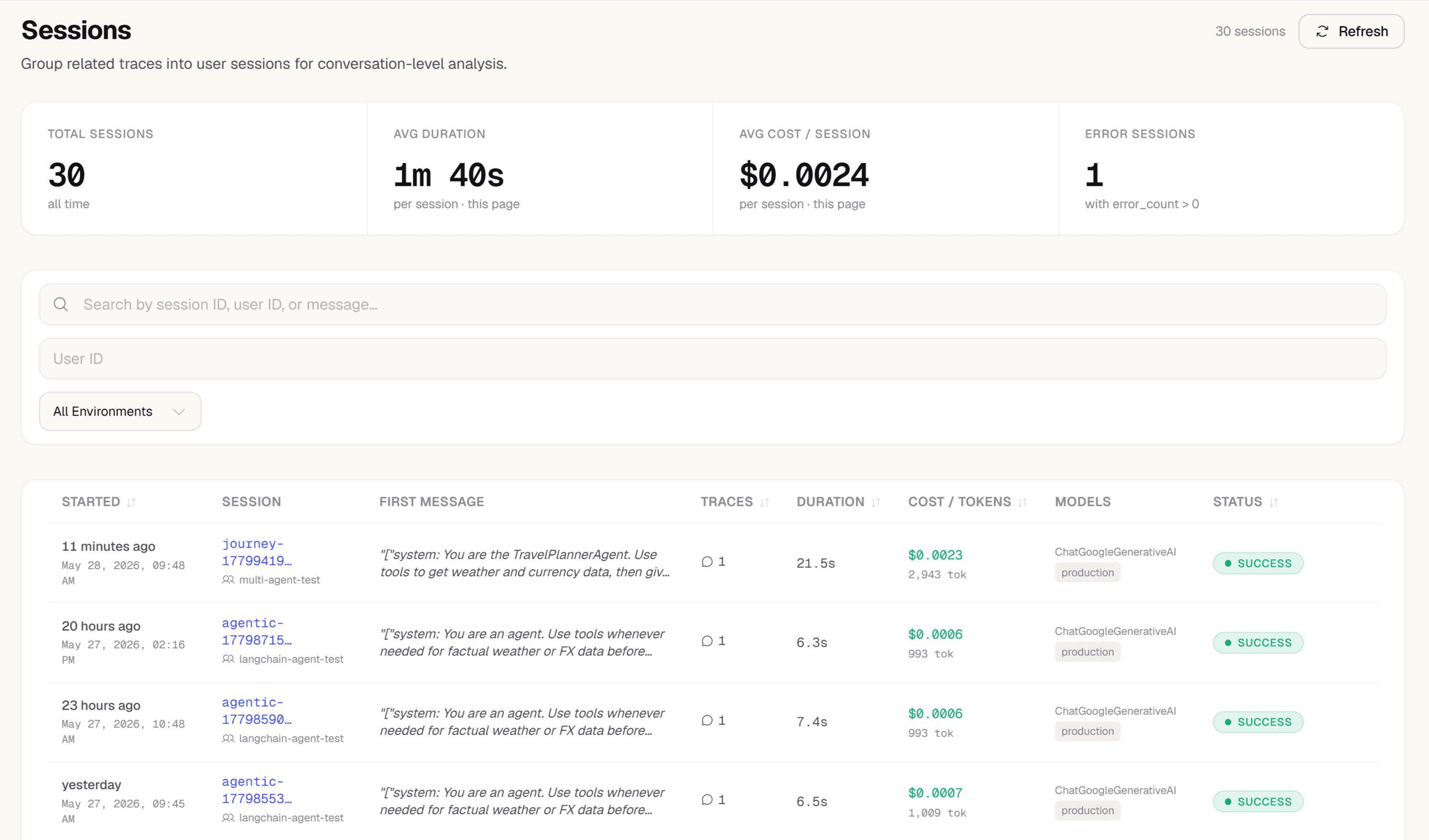 Zespan session list showing multi-turn conversations with cost and error counts